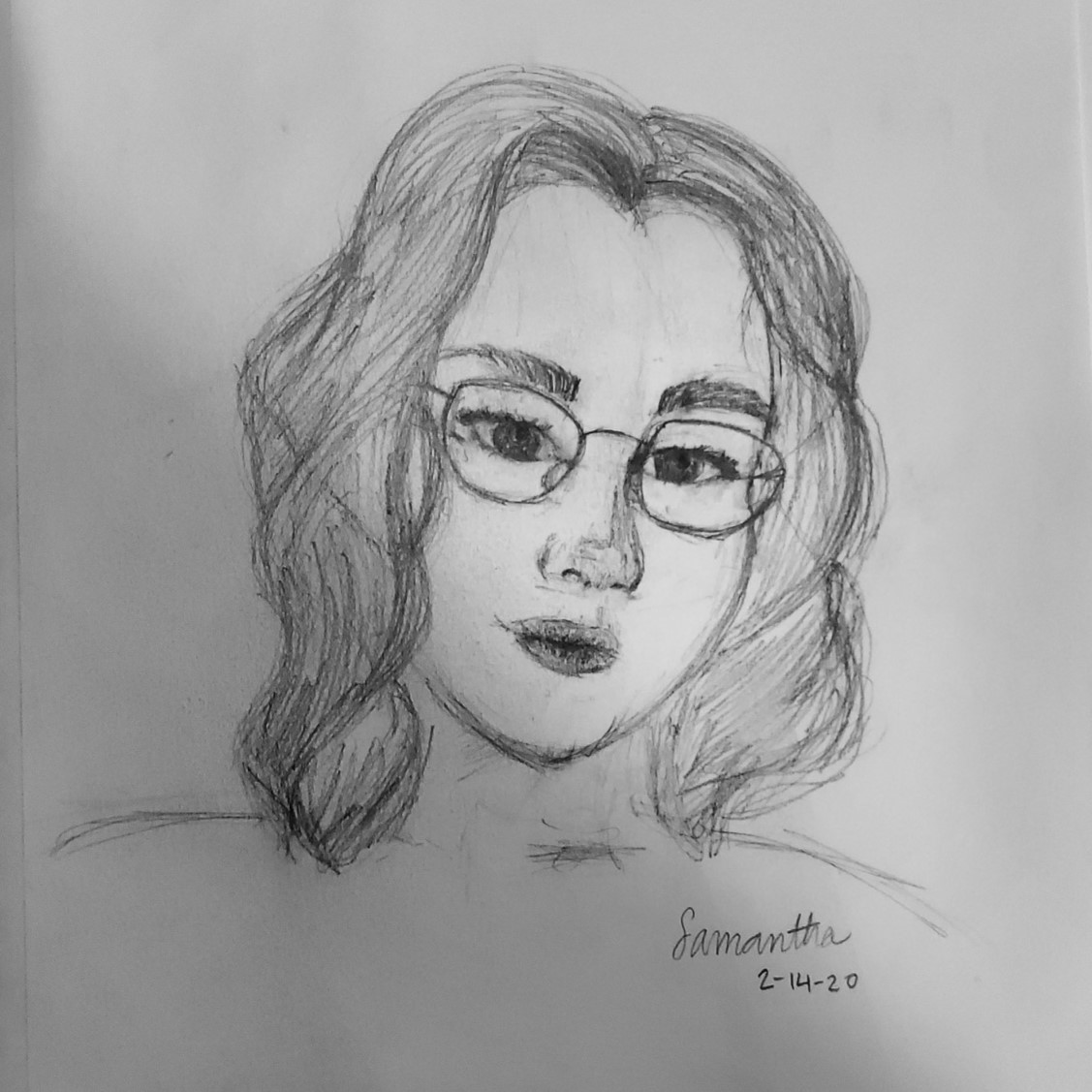 Graphite drawing of a girl with glasses