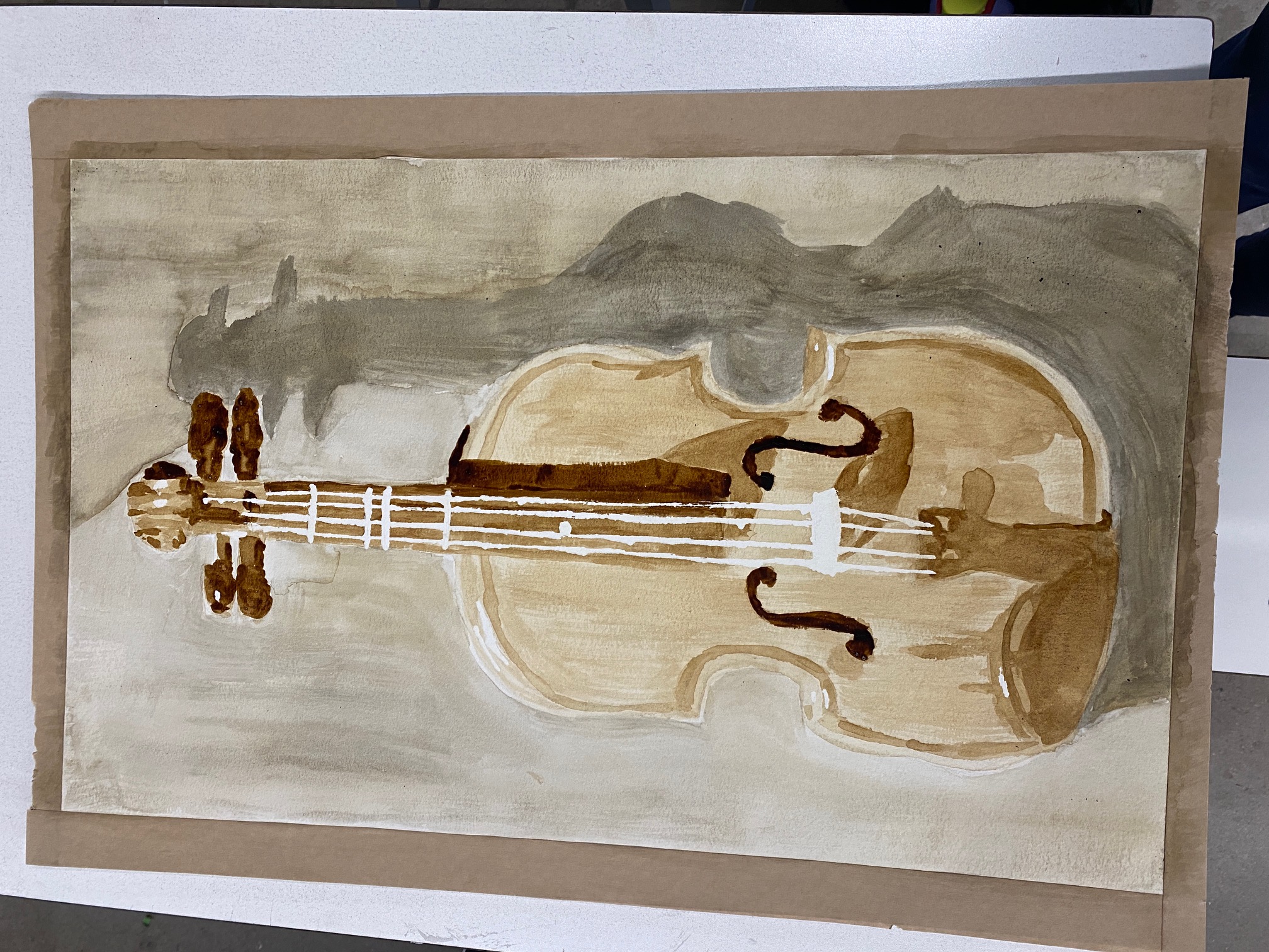 Coffee and ink painting of a violin